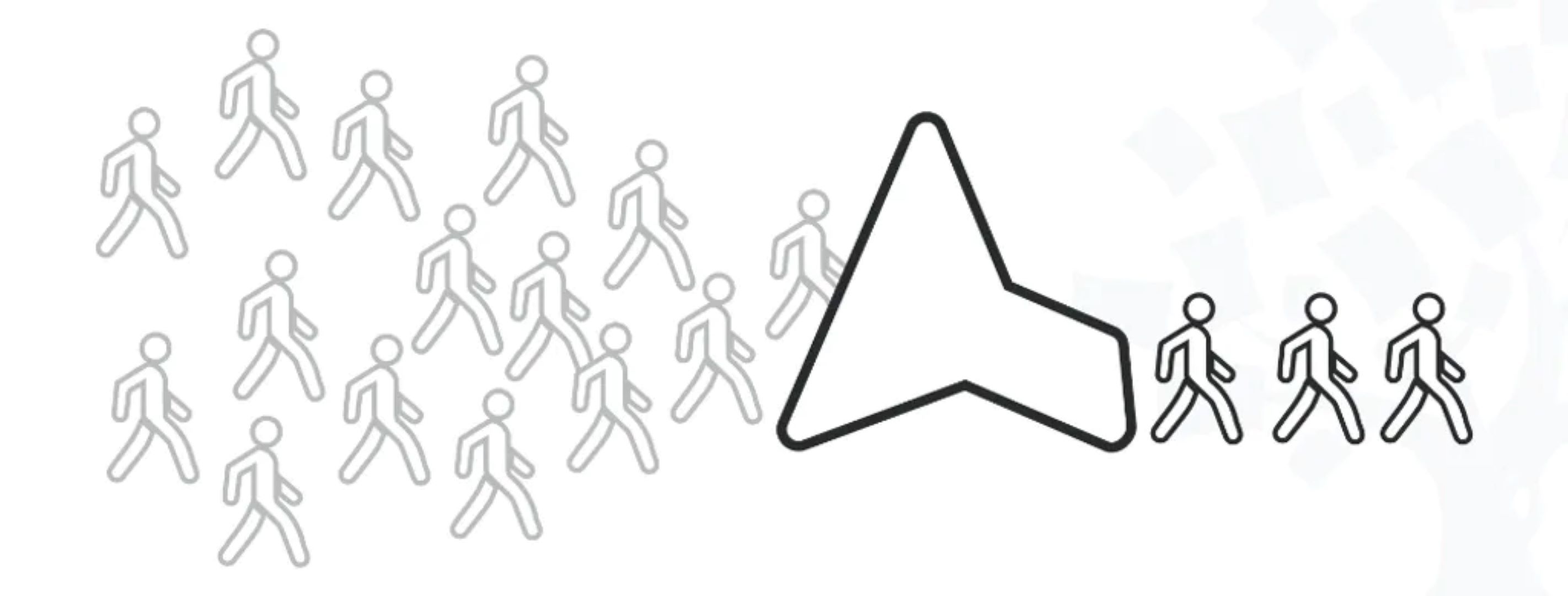 A large group of people walk through a funnel and only a few come out in a single-file line as the chosen participants.